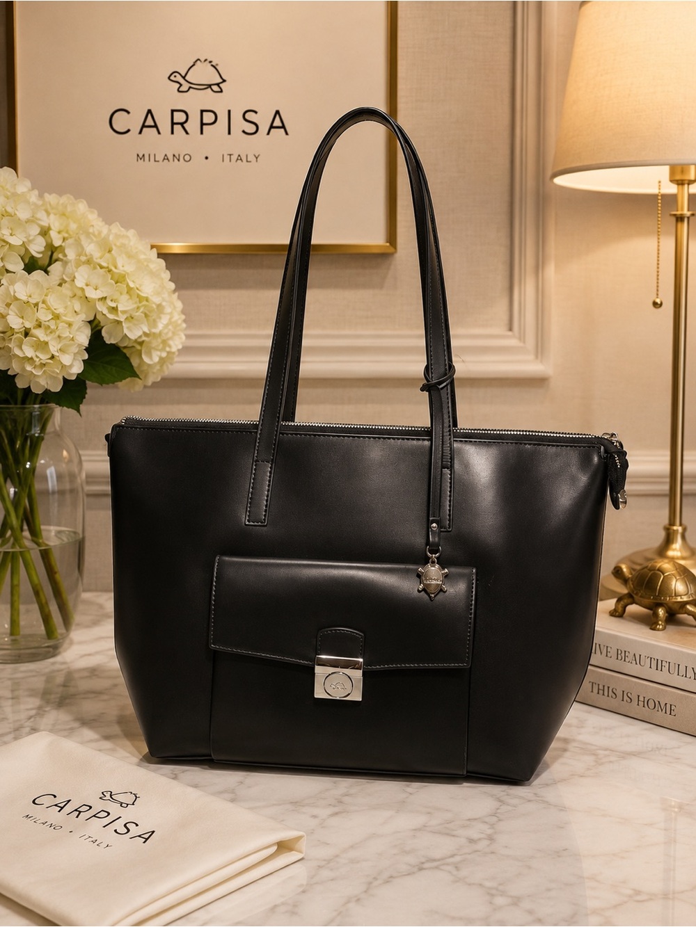 Carpisa Vera Pelle Black Genuine Leather Tote Bag Made in Italy Turtle Charm